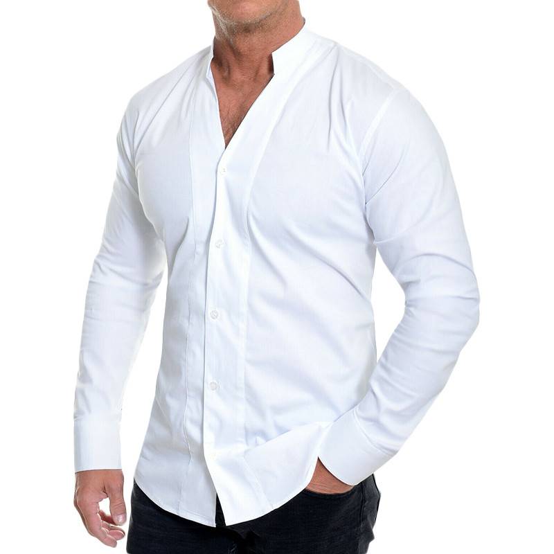 Solide Slim Noir Blanc Manches Longues Col V Respirant Casual Hommes Chemises