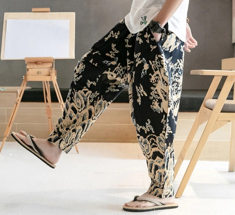 Chinese Dragon Print Wide Leg Japanese Streetwear Style Men Joggers Pants - FanFreakz