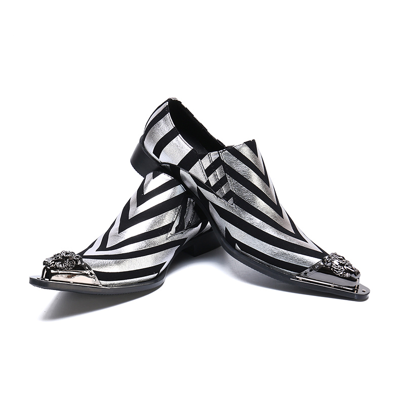 Metallic Striped Leather Pointed Metal Toe Men Shoes