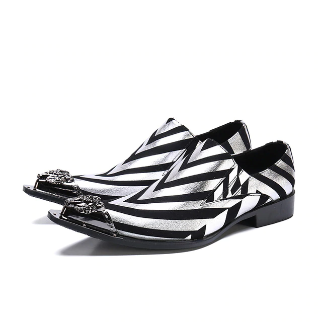 Metallic Striped Leather Pointed Metal Toe Men Shoes
