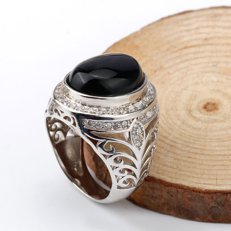 Cocktail Color Oval Stone in Hollow Sterling Silver Men Ring