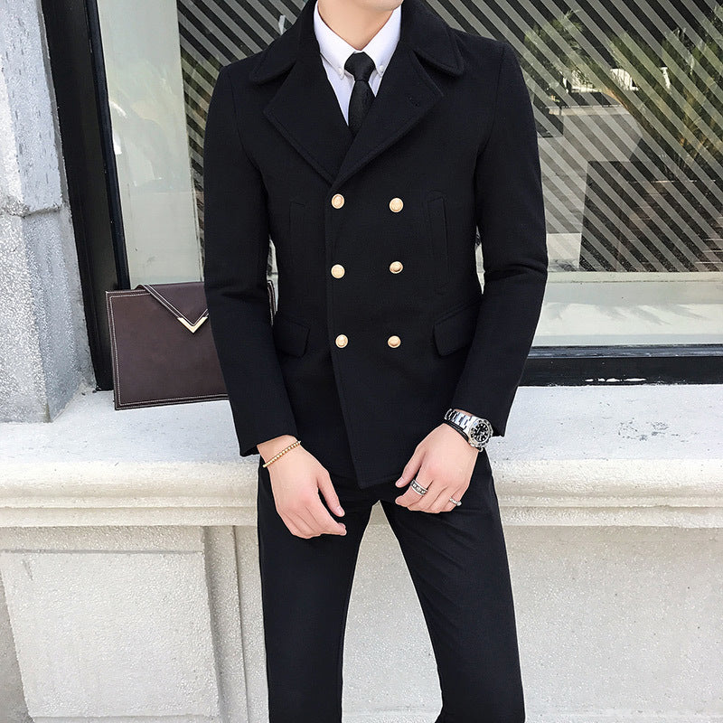 Double Breasted Turn Down Collar Men Wool Blend Slim Coat - FanFreakz