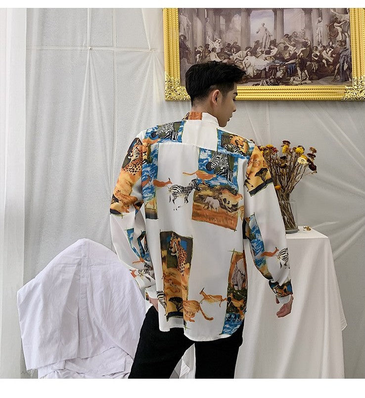 Chemise à manches longues vintage à motif animal et nœud papillon pour homme