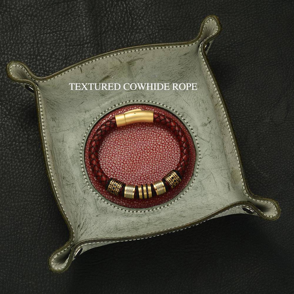 Bracelet homme en cuir pleine fleur tressé marron rouge avec perles en acier inoxydable