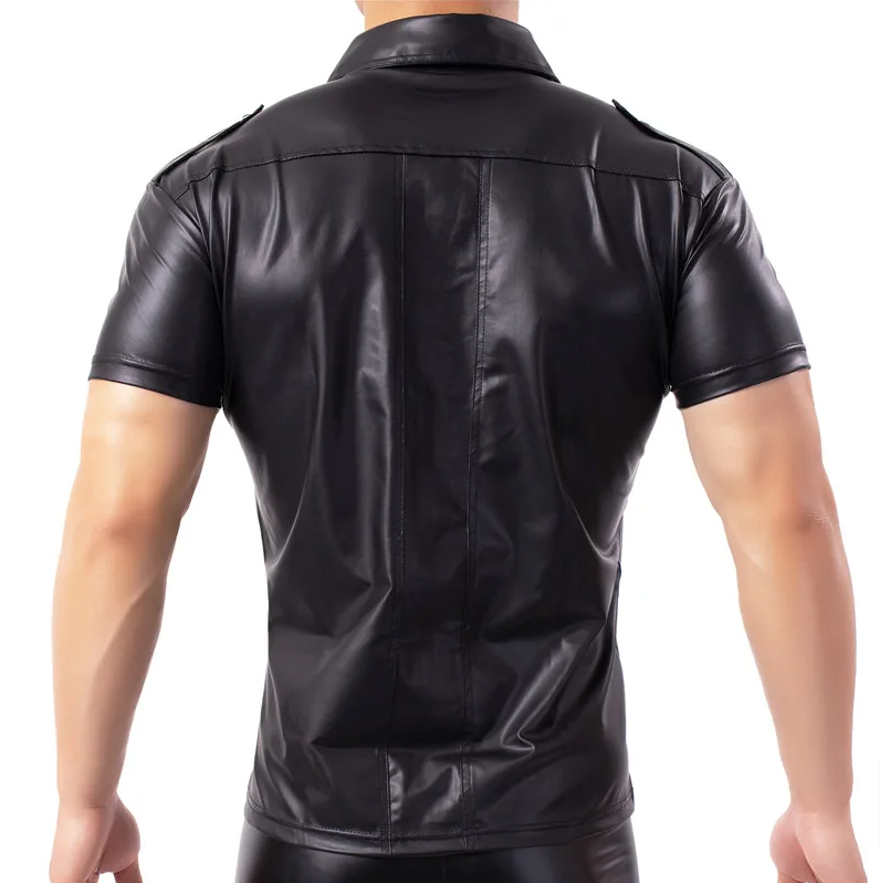 Black PU Sexy Fitness Tops Slim Style Men Shirt