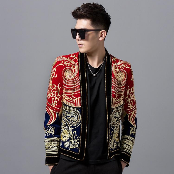 Red Navy Combination Gold Baroque Art Embroidery Men Black Blazer for Stage Performer