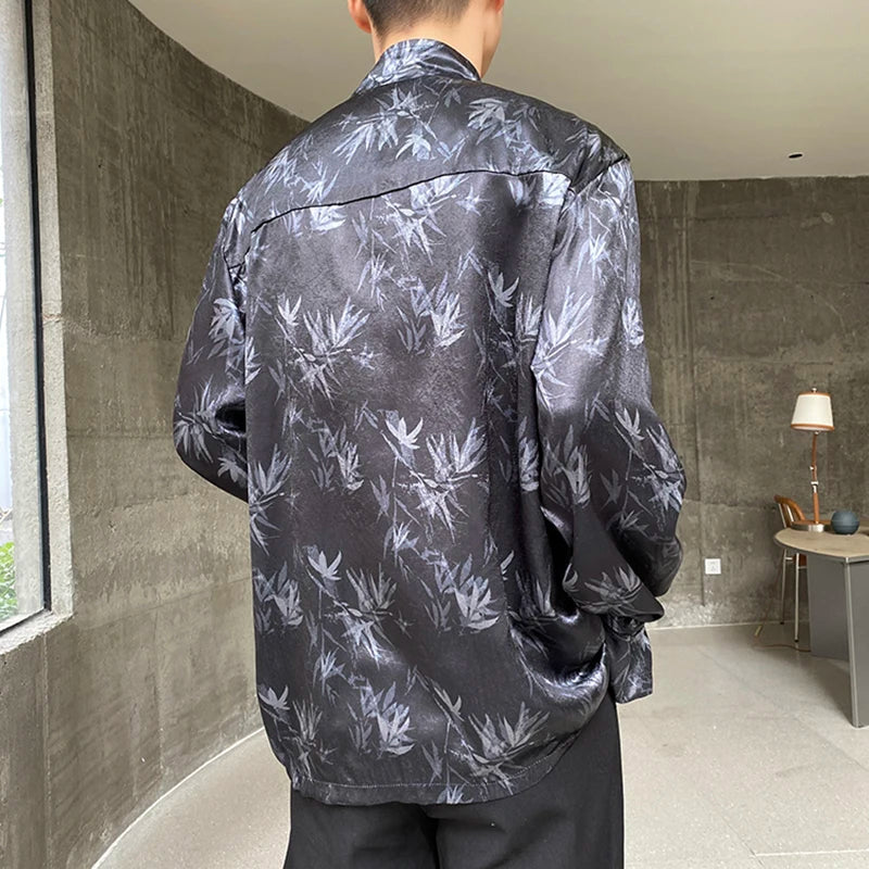 Leaves Printed Side Button Chinese Style Shirt