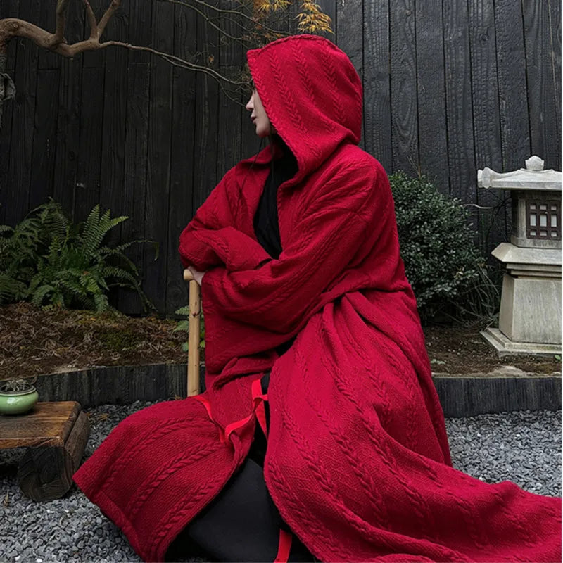 Red Color Knit Hooded Coat