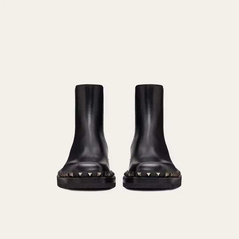 Black Rivet Ankle Square Toe Boots