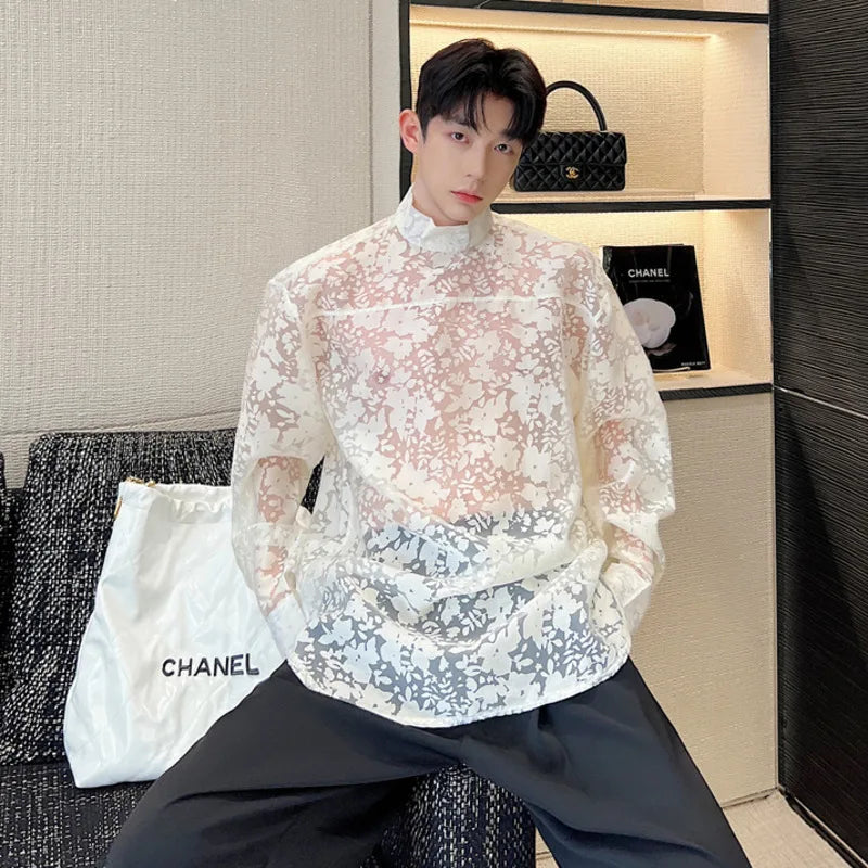 See-Through Pattern Stand Collar Shirt