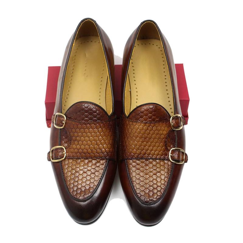 Mocasines de hombre estilo correa de monje pintados a mano de cuero genuino negro marrón con estilo