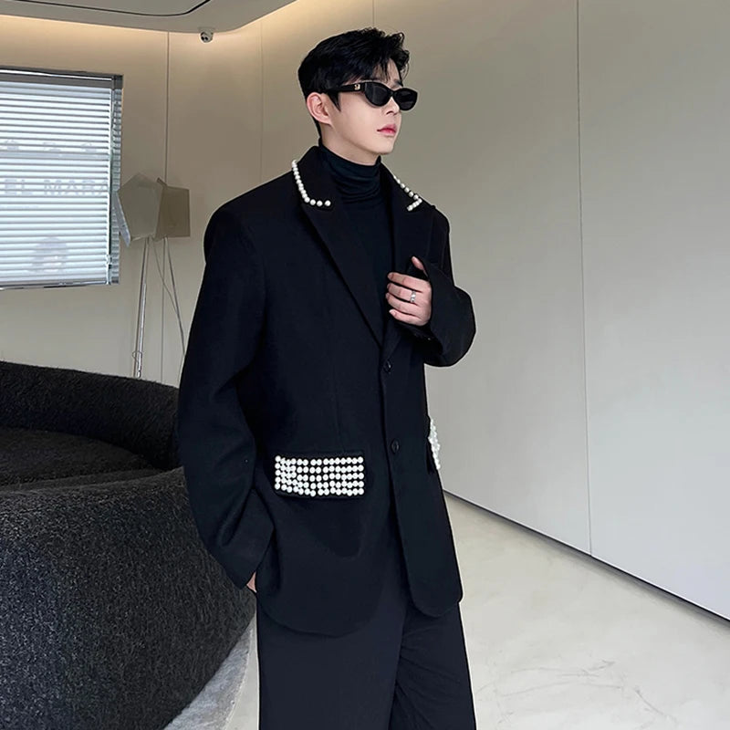 White Beads Decor Black Blazer