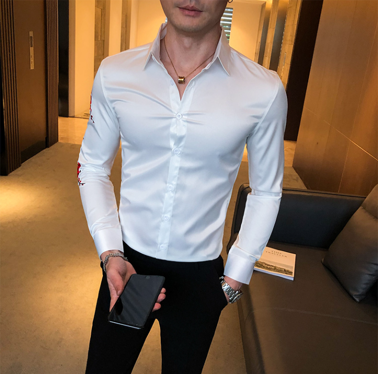 Red Flower and Branches Embroidery Decorated Shirt