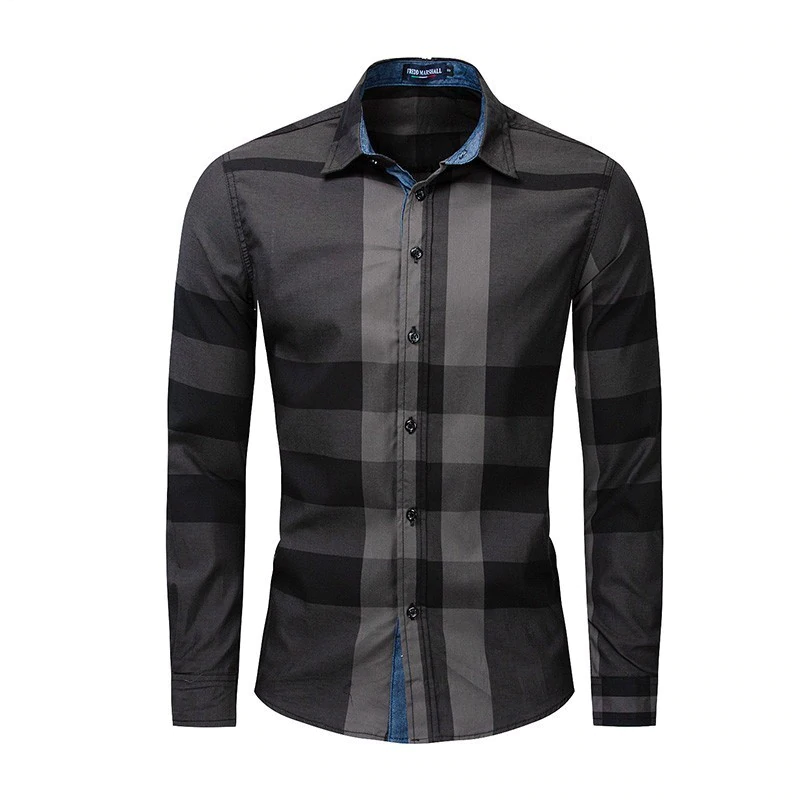 Casual Vertical Plaid Men Slim Fit Shirt
