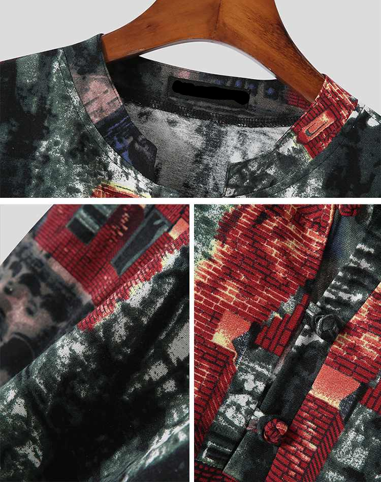 Mandarin Collar Abstrac Printed Short Sleeve Shirt