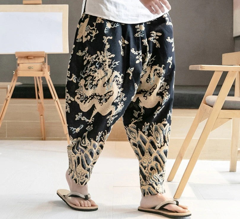 Chinese Dragon Print Wide Leg Japanese Streetwear Style Men Joggers Pants - FanFreakz