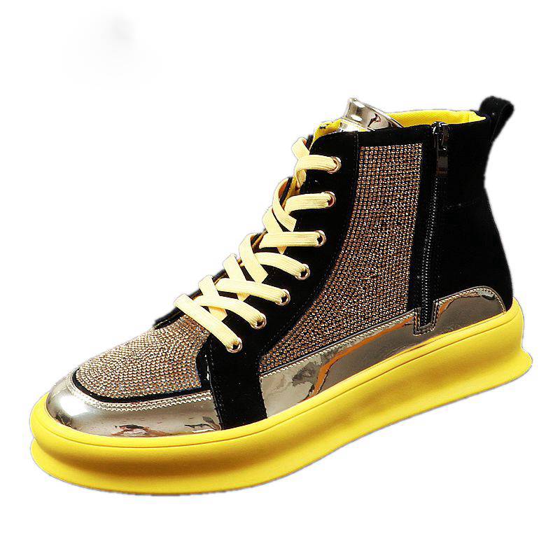 Yellow Gold Black Crystal High Top Bling Style Men Sneaker