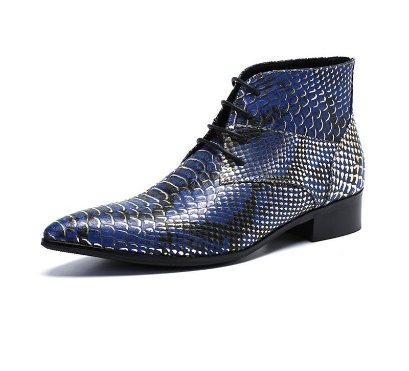 Bottines de luxe à bout pointu pour hommes à motif bleu