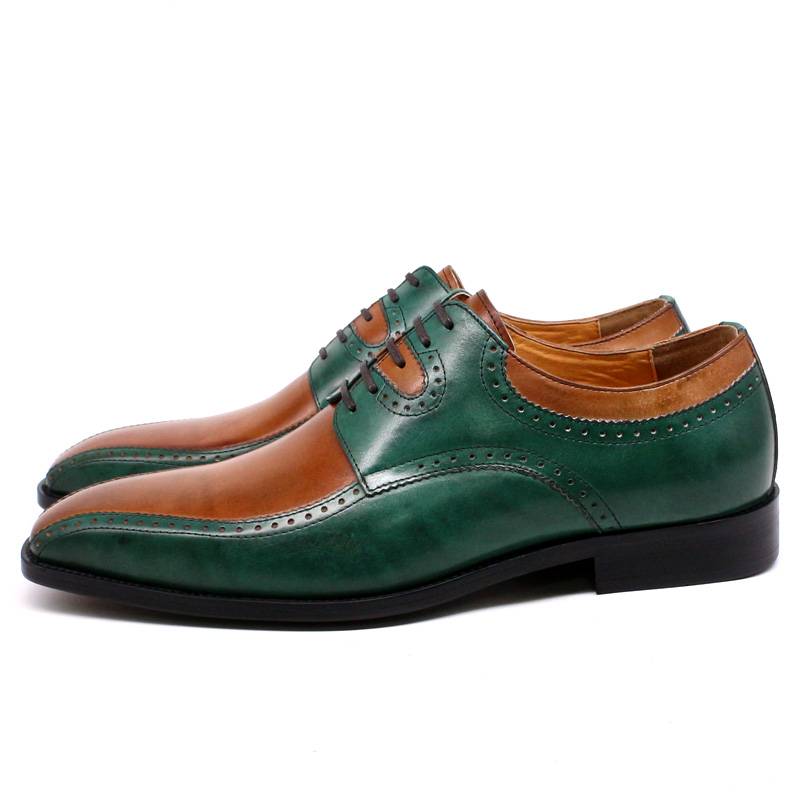 Chaussures brogue italiennes en cuir vert et camel faites à la main