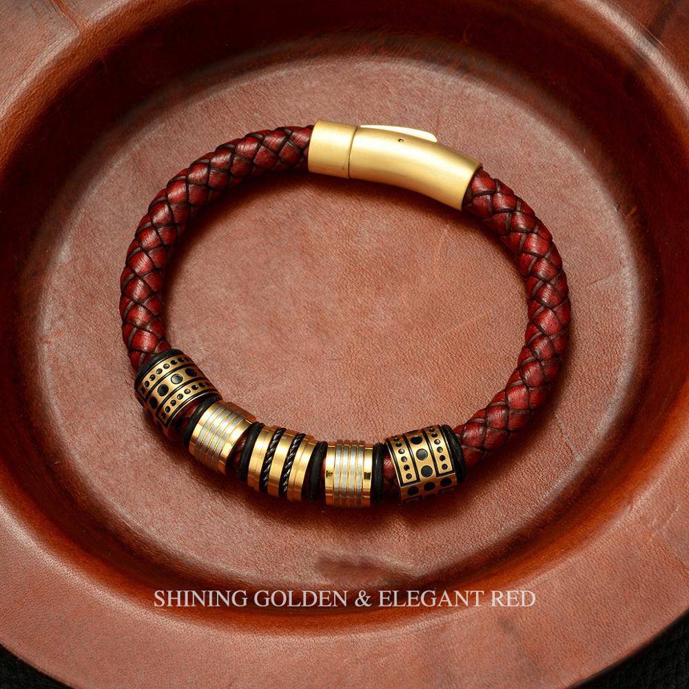 Pulsera de hombre de cuero de grano completo trenzado marrón rojo con cuentas de acero inoxidable