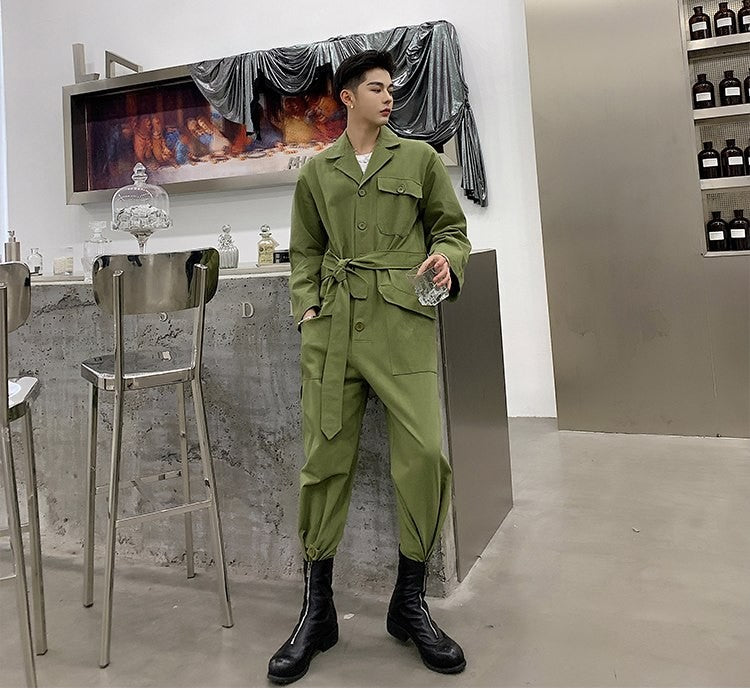 Casual Harajuku Style with Waist Rope Men Jumpsuit Shirt - FanFreakz