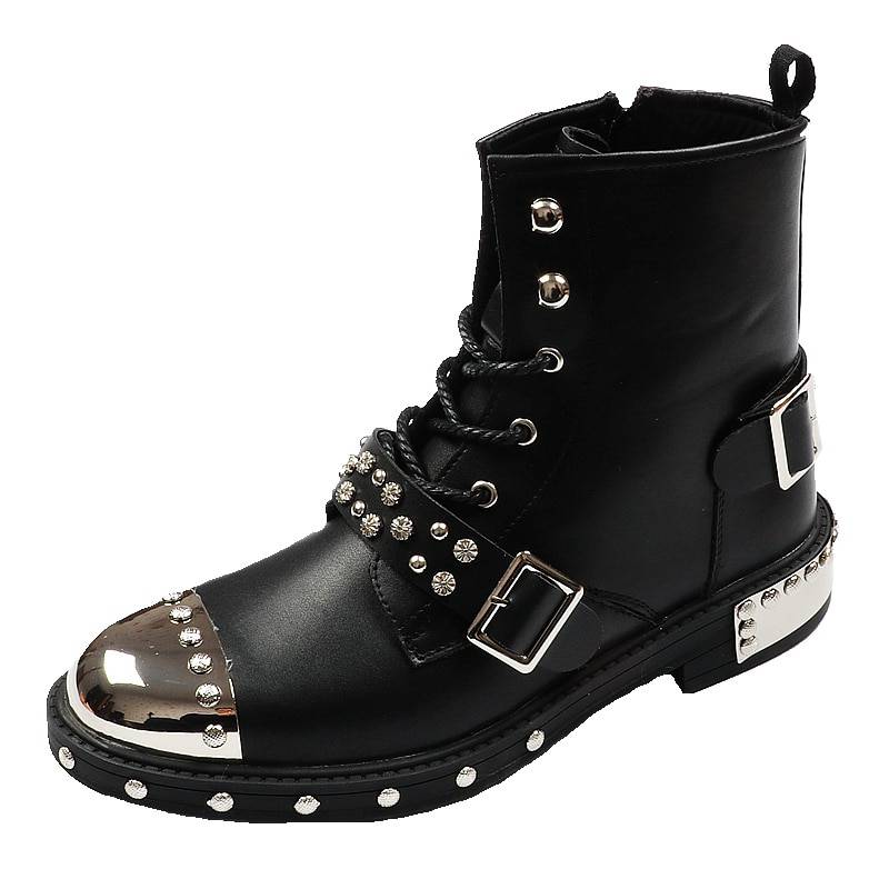 Bottes pour hommes de style punk à bout en métal avec rivets noirs