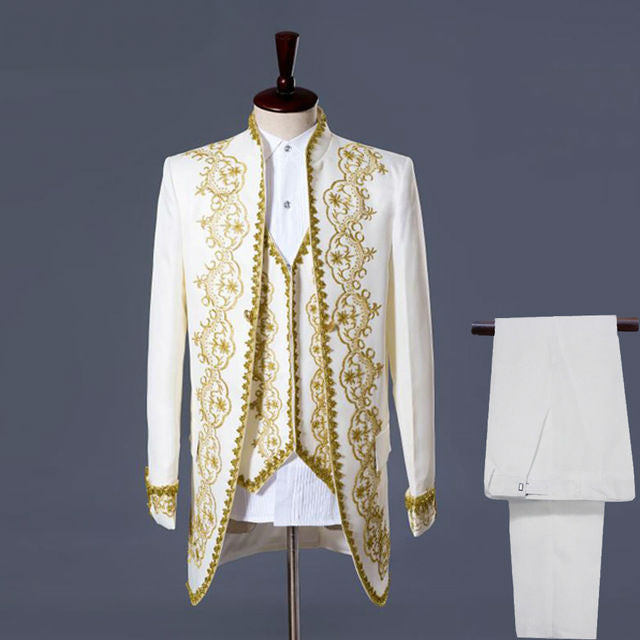 White or Black with Classic Gold Embroidery Three Pieces Set Design Men Costume Suits