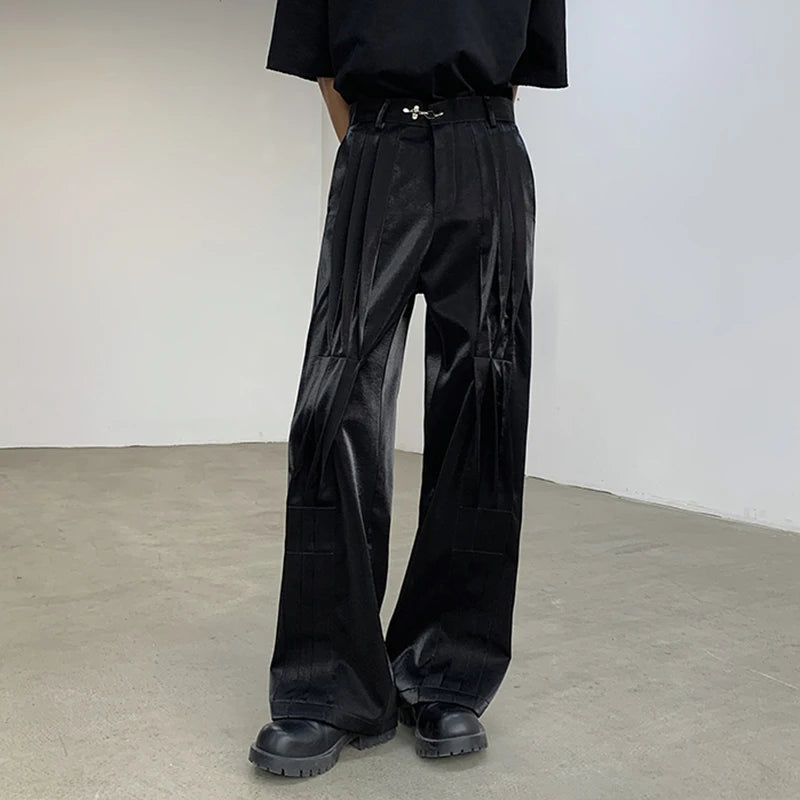 Black Pleated Metal Buckle Design Trousers