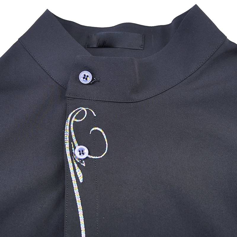 Casual Black with Thorn Embroidered Asymmetry Button Men Shirt