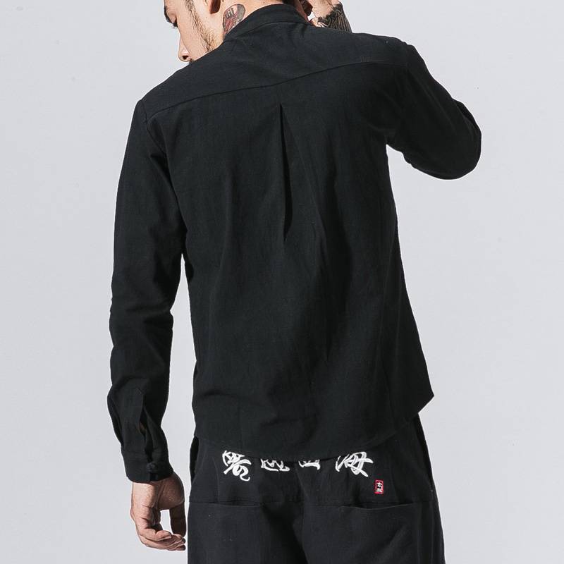 Chinese Style Linen Solid Long Sleeved Casual Men Shirts
