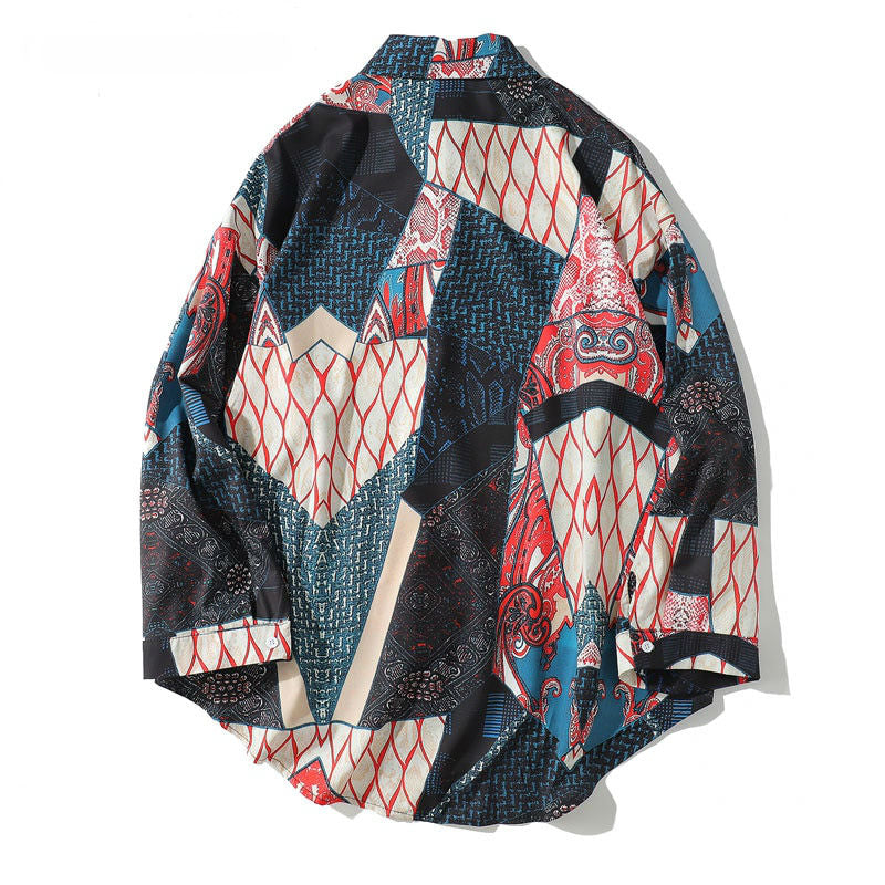 Japonés Ukiyo E Geometry Pattern Casual Streetwear Hombres Camisa