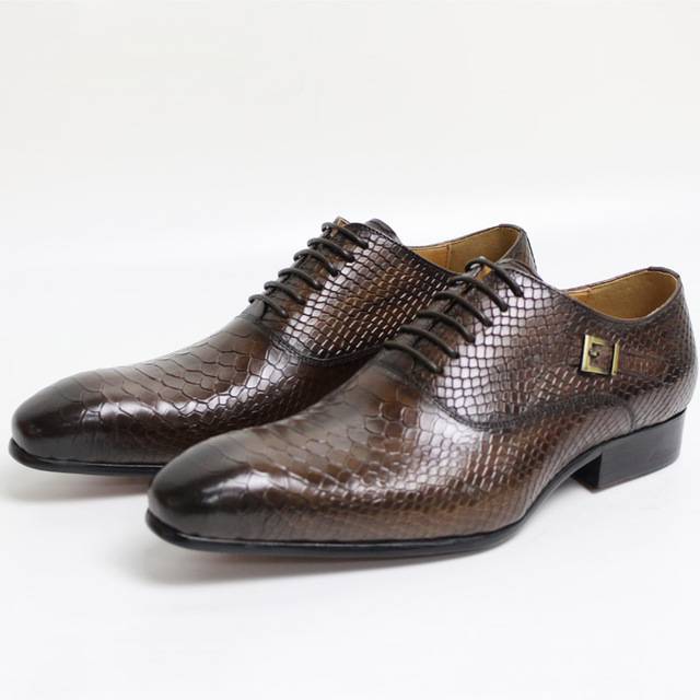 Black Coffee Pointed Toe Snake Skin Pattern Business Style Men Shoes