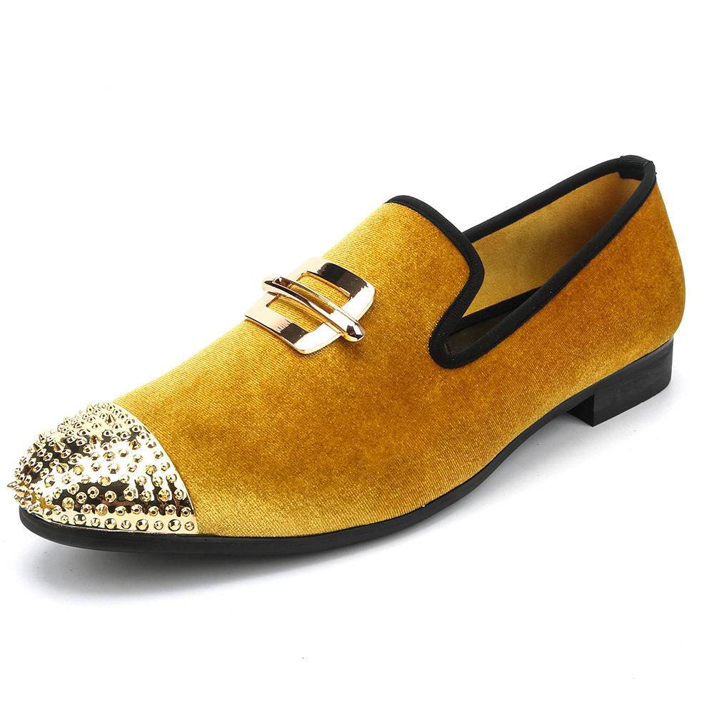Yellow Gold Velvet with Rivets Toe Men Loafers Shoes