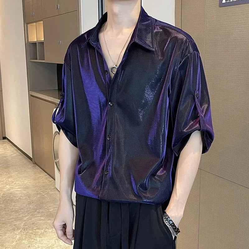 Short-Sleeved Bright Glossy Loose Shirt