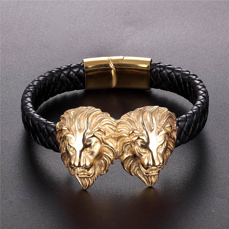 Pulsera de hombre con diseño de cuerda de cuero y acero inoxidable punk de león dorado