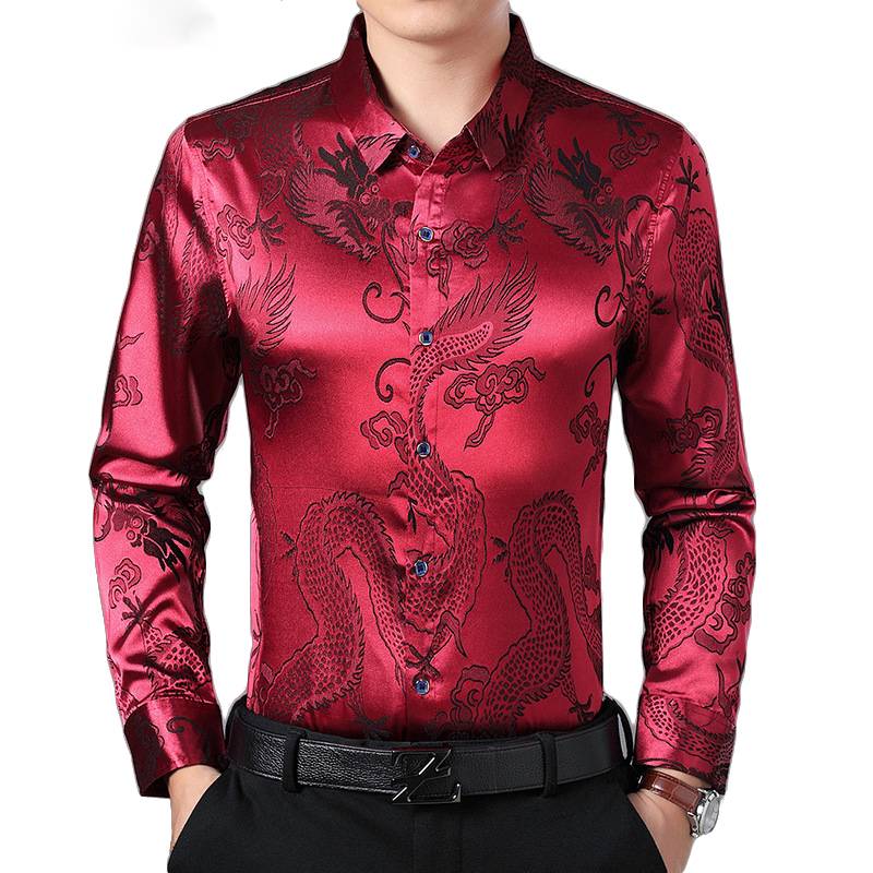 Chemise à manches longues pour hommes en jacquard de dragon chinois en satin de soie lisse