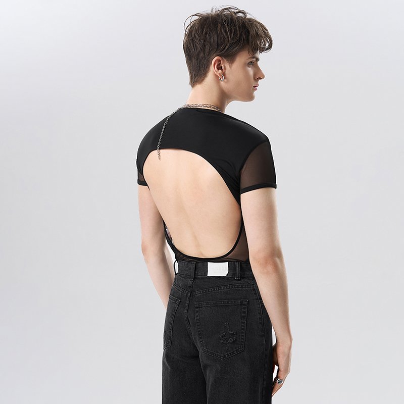 Black Mesh Patchwork Backless Bodysuit