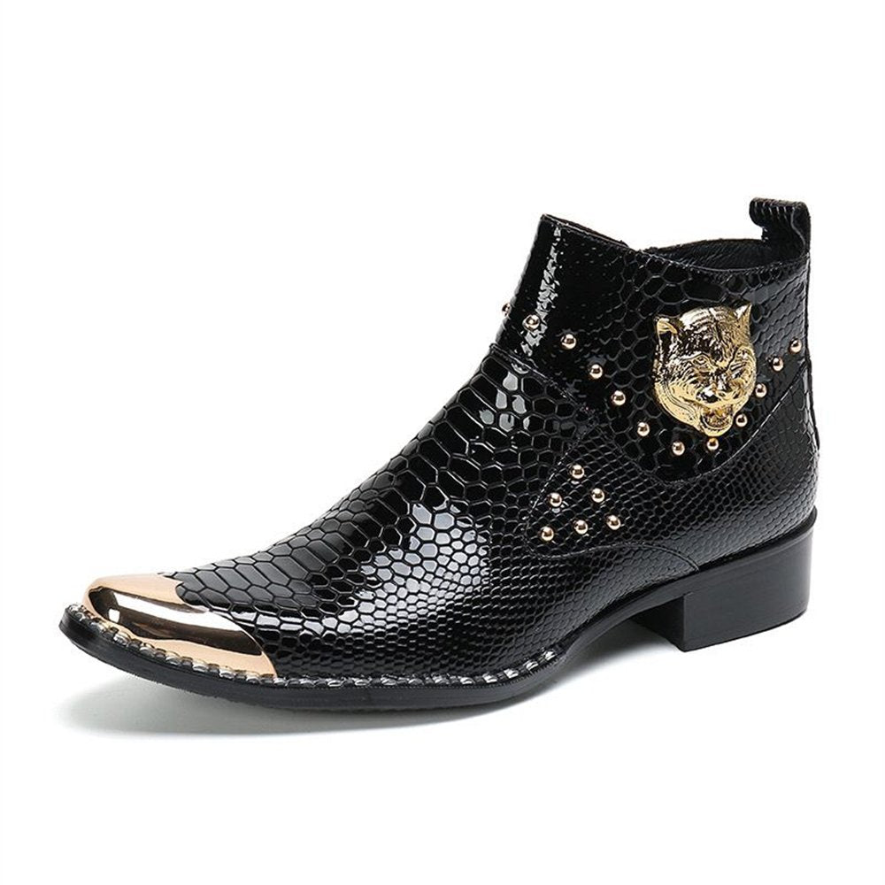Tiger Head Appliques Snakeskin Ankle Boots