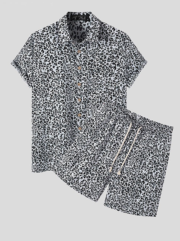 B&W Leopard Print Short Shirt Set