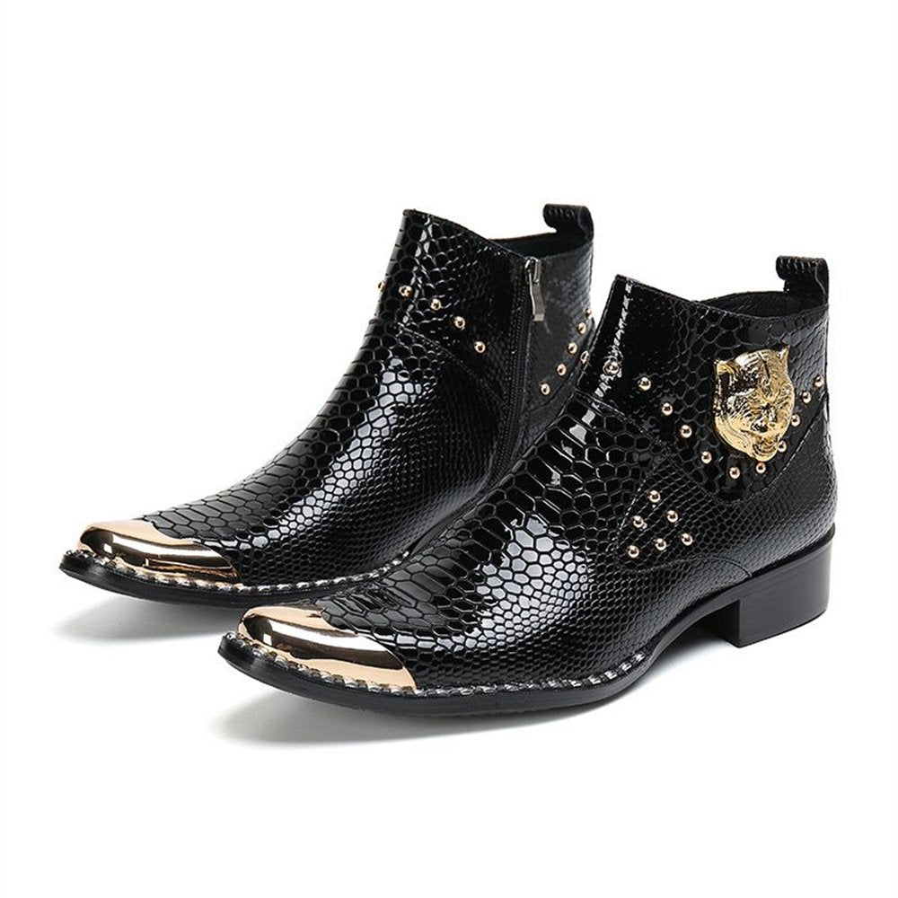 Tiger Head Appliques Snakeskin Ankle Boots