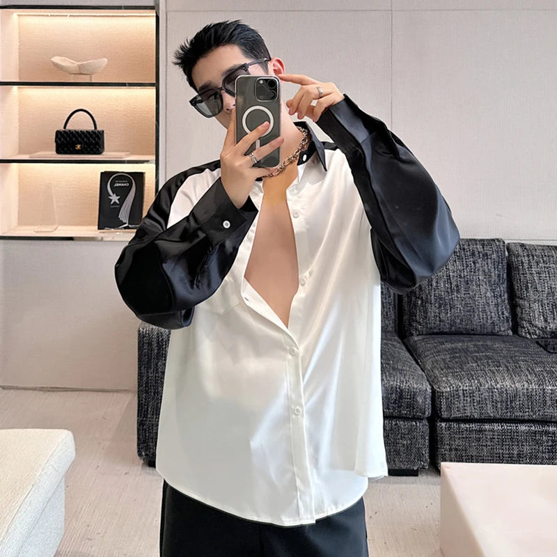 Contrast Color Spliced Pocket Embroidery Shirt