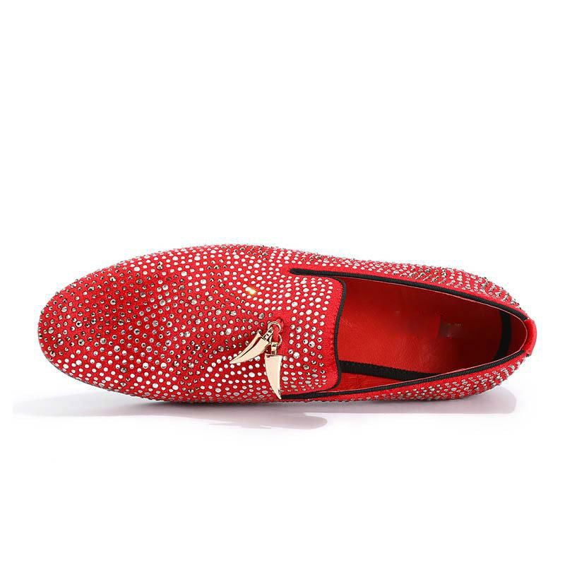 Luxury Rhinestone Handmade Men Red Black Velvet Loafer Shoes With Golden Tassel