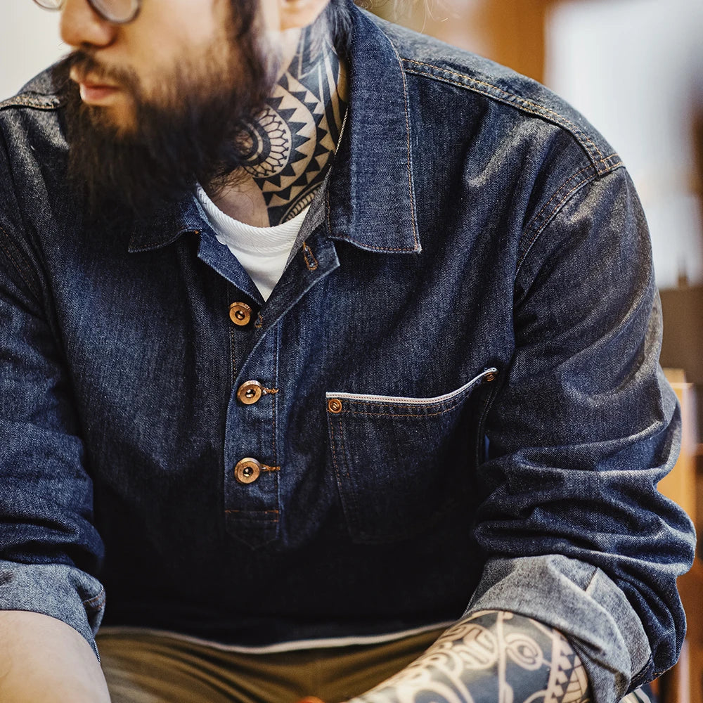 Casual Vintage Denim Polo Shirt