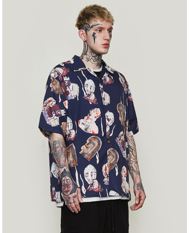 Imprimé de personnages bleu marine dans un style ample hawaïen Chemise à manches courtes pour hommes