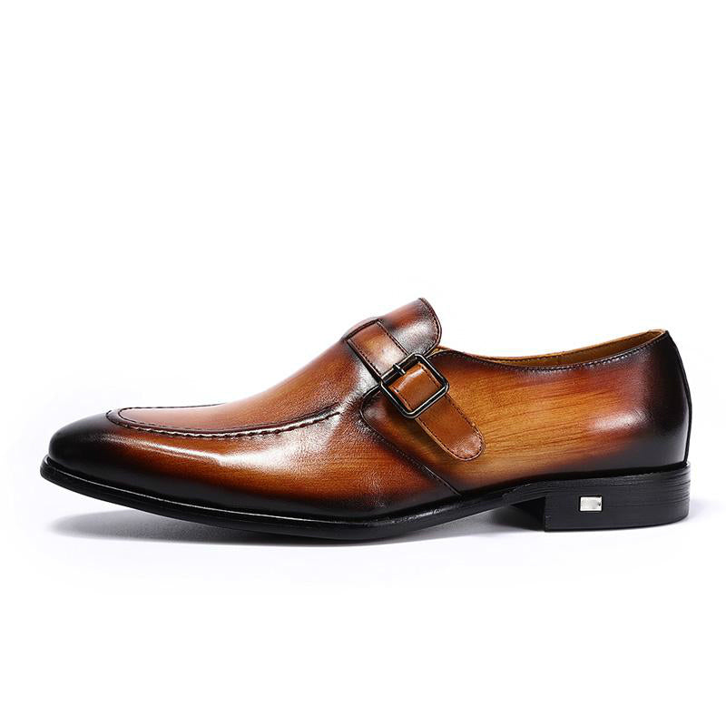 Elegant Handmade Pointed Toe Brown Leather Buckle Strap Men Loafer Shoes - FanFreakz