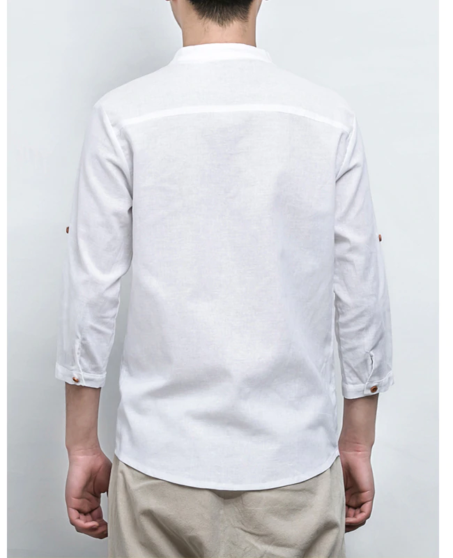 Cotton Linen Three Quarter Sleeve Solid Chinese V Neck Style Men Shirts