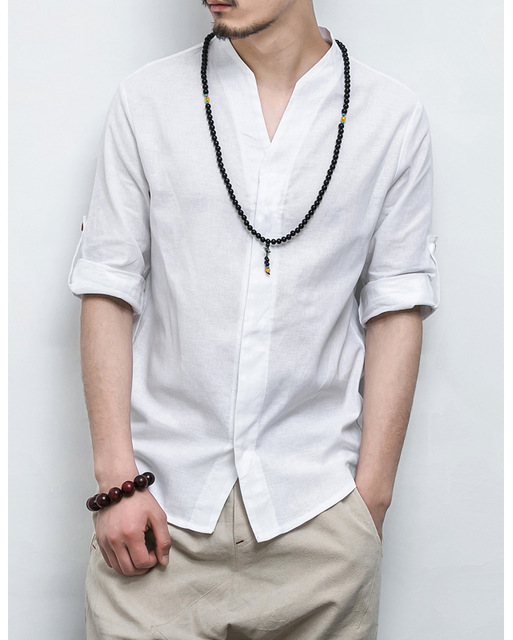 Cotton Linen Three Quarter Sleeve Solid Chinese V Neck Style Men Shirts