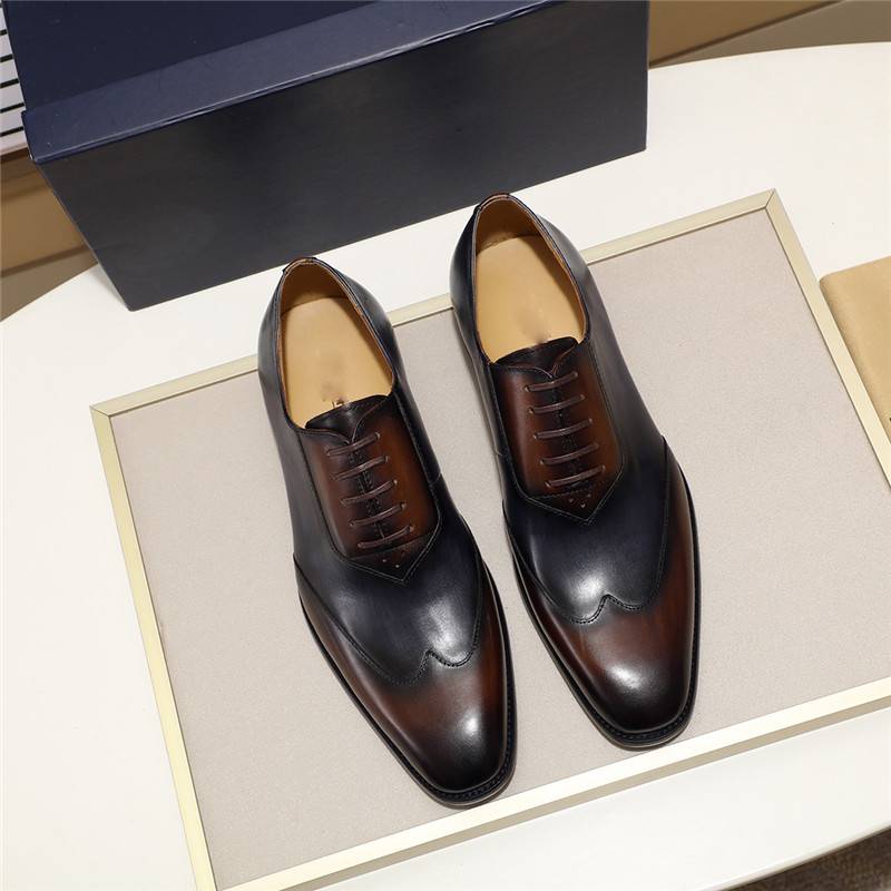 Brown Blue Genuine Leather Formal Style Men Oxfords Shoes