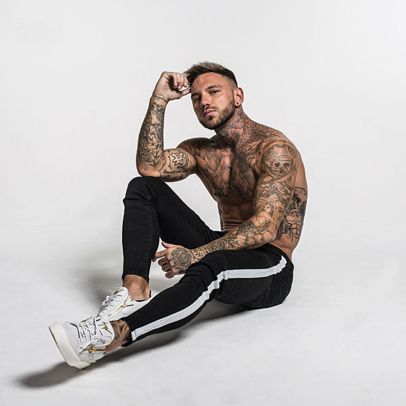 Black with White Side Stripe Men Skinny Jeans - FanFreakz