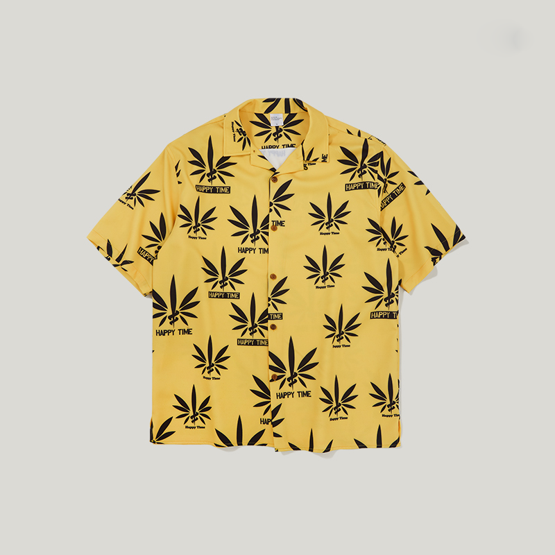 Yellow with Leaf Print in Summer Hawaiian Loose Style Men Short Sleeves Shirt